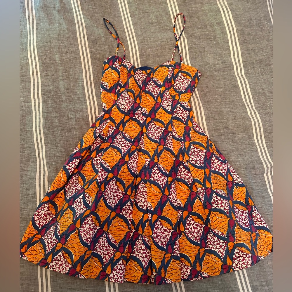 Zara Trafaluc Orange Blue Pink Abstract Sleeveless Open Back Box Pleated Dress